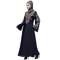 A-line party wear abaya with Resham embroidery work- Navy Blue